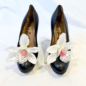 Up-cycled Lanvin Paris shoes heels black 39.5 orchid flower leather  platform